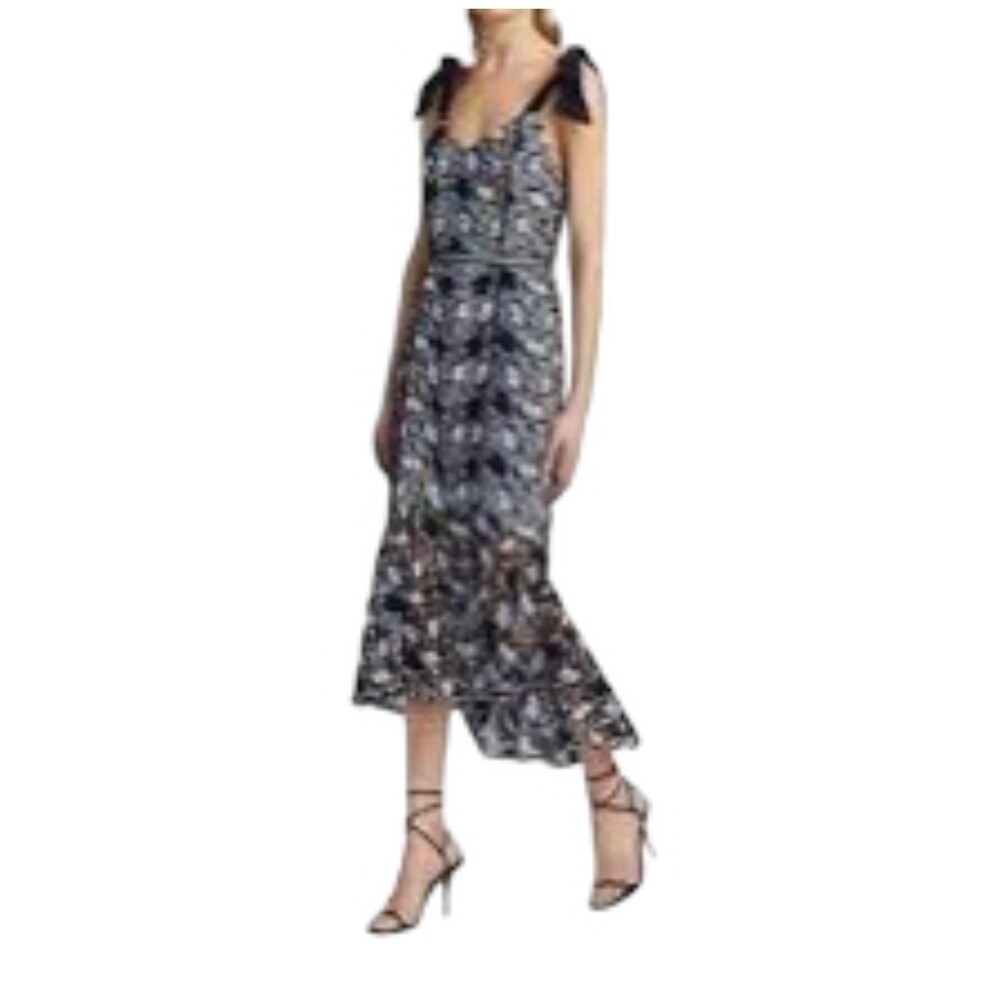 ML Monique Lhuillier Lace Flounce Midi Dress Navy Multi 10 L Tie Strap High Low